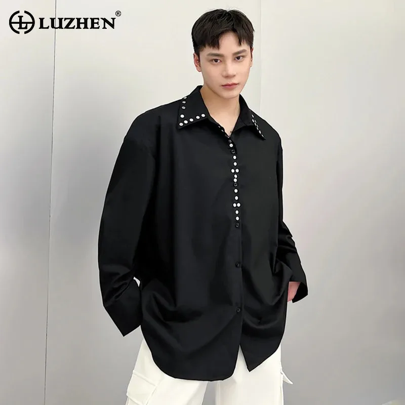 

LUZHEN повседневные модные рубашки с пайетками в стиле пэчворк, мужские свободные рубашки, новинка 2025 года, оригинальные элегантные красивые мужские топы, однотонные JY5542
