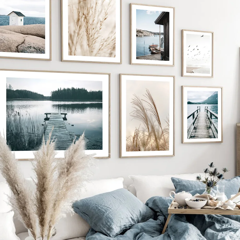 Beach Beige Reed Grass House Boat Lake Sand Wall Art Canvas Painting Nordic Posters And Prints Pictures For Living Room Decor