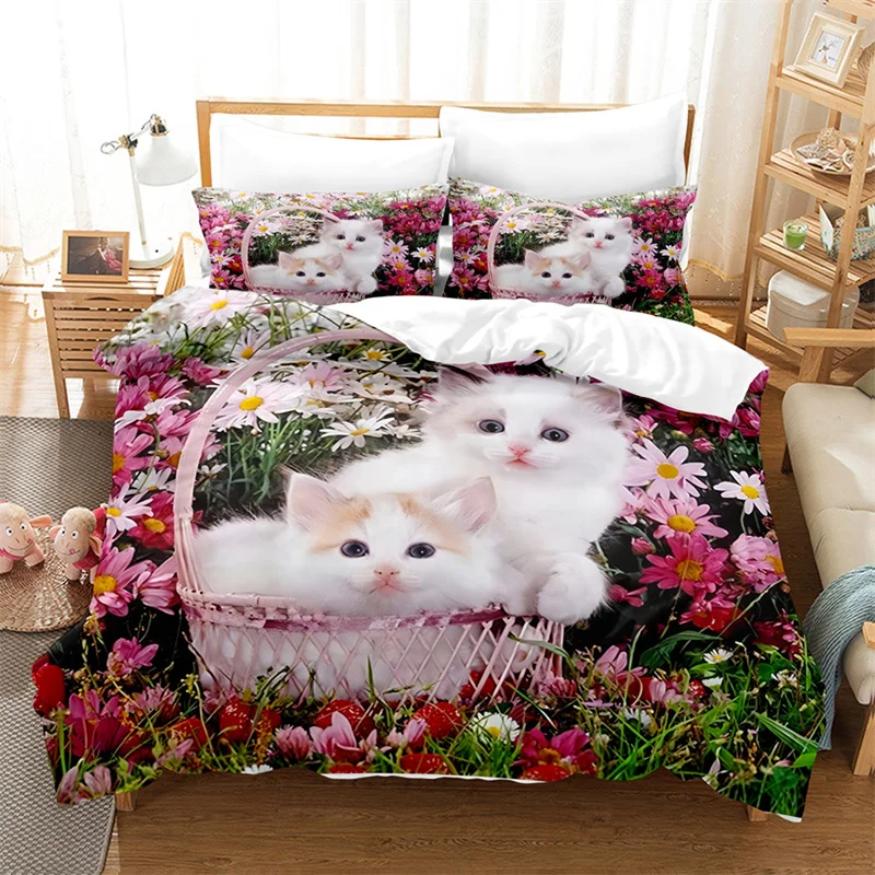Cute Cat，Dog Bedding Set Flower Animals Youth Duvet Cover Women Duvet Cover Bedroom Gorgeous Bedding King/Queen Duvet Cover Set