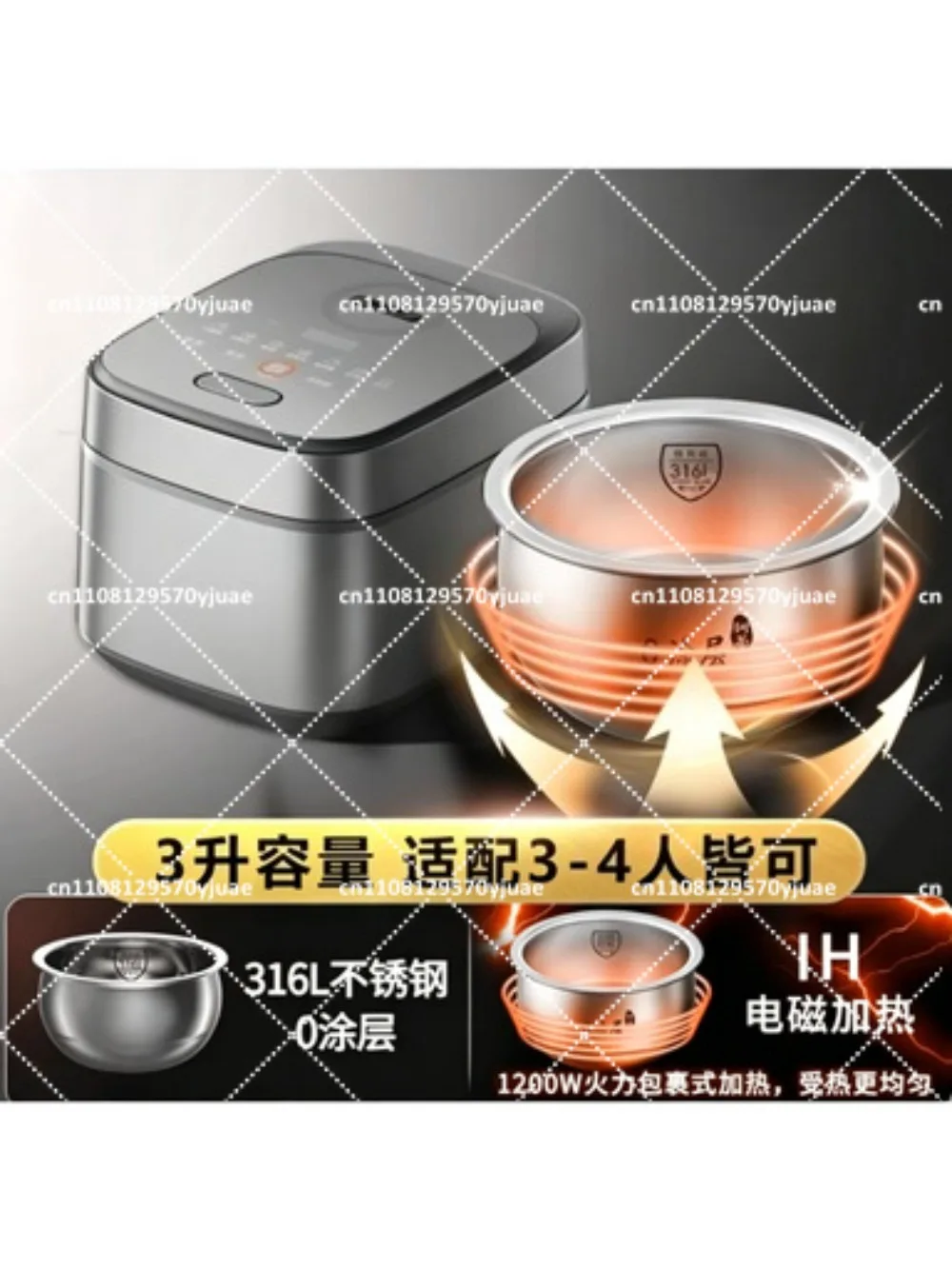 Small 3L Rice Cooker, Stainless Steel Micro Pressure Pot for 1-3 People, Healthy Even Heating
