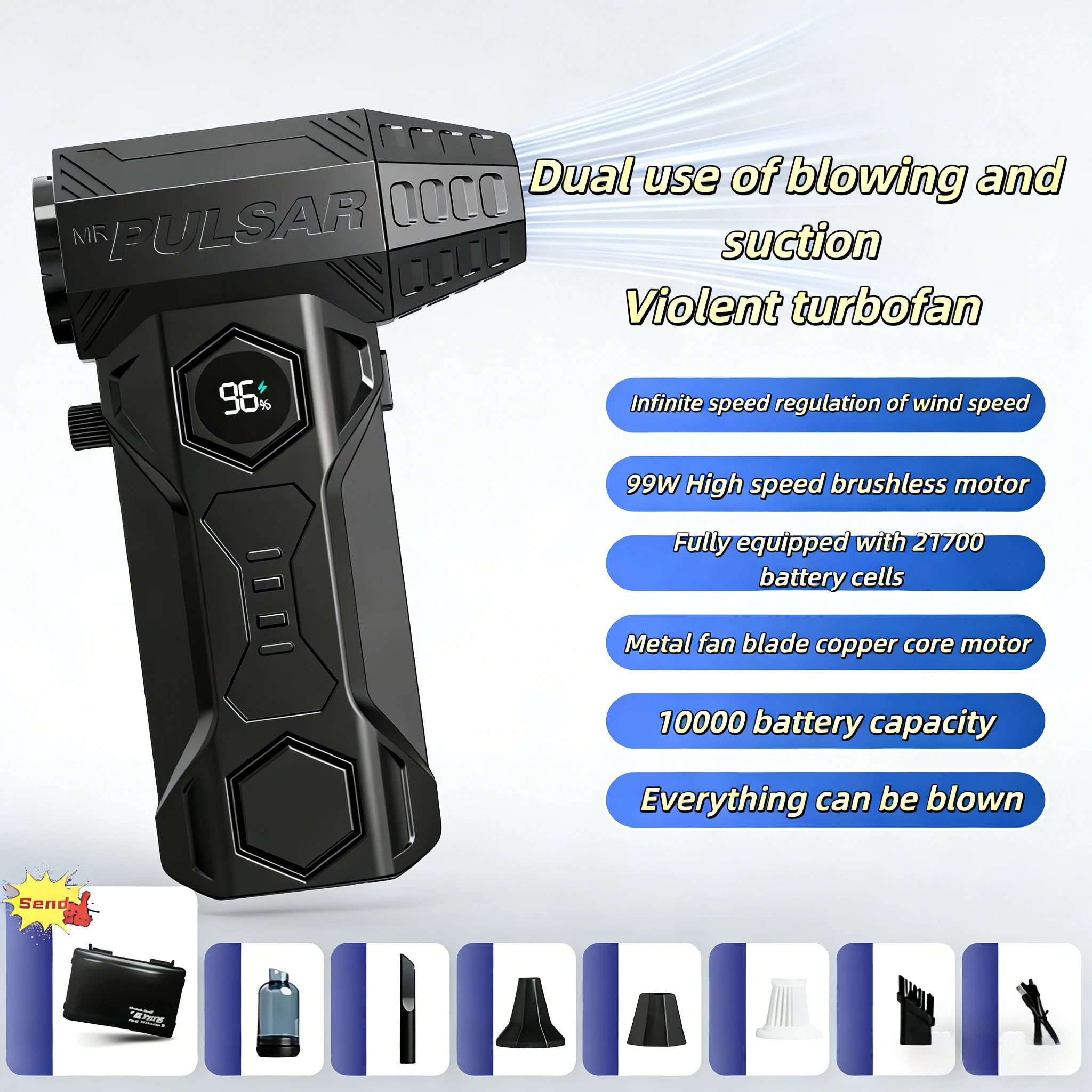 

X11Pro Turbo Jet Blower 990000RPM Мощный воздуходувка для автомобиля 10000 мАч Мини-воздушный вентилятор Turbo с комплектом пылесоса Бесщеточный двигатель Air Up