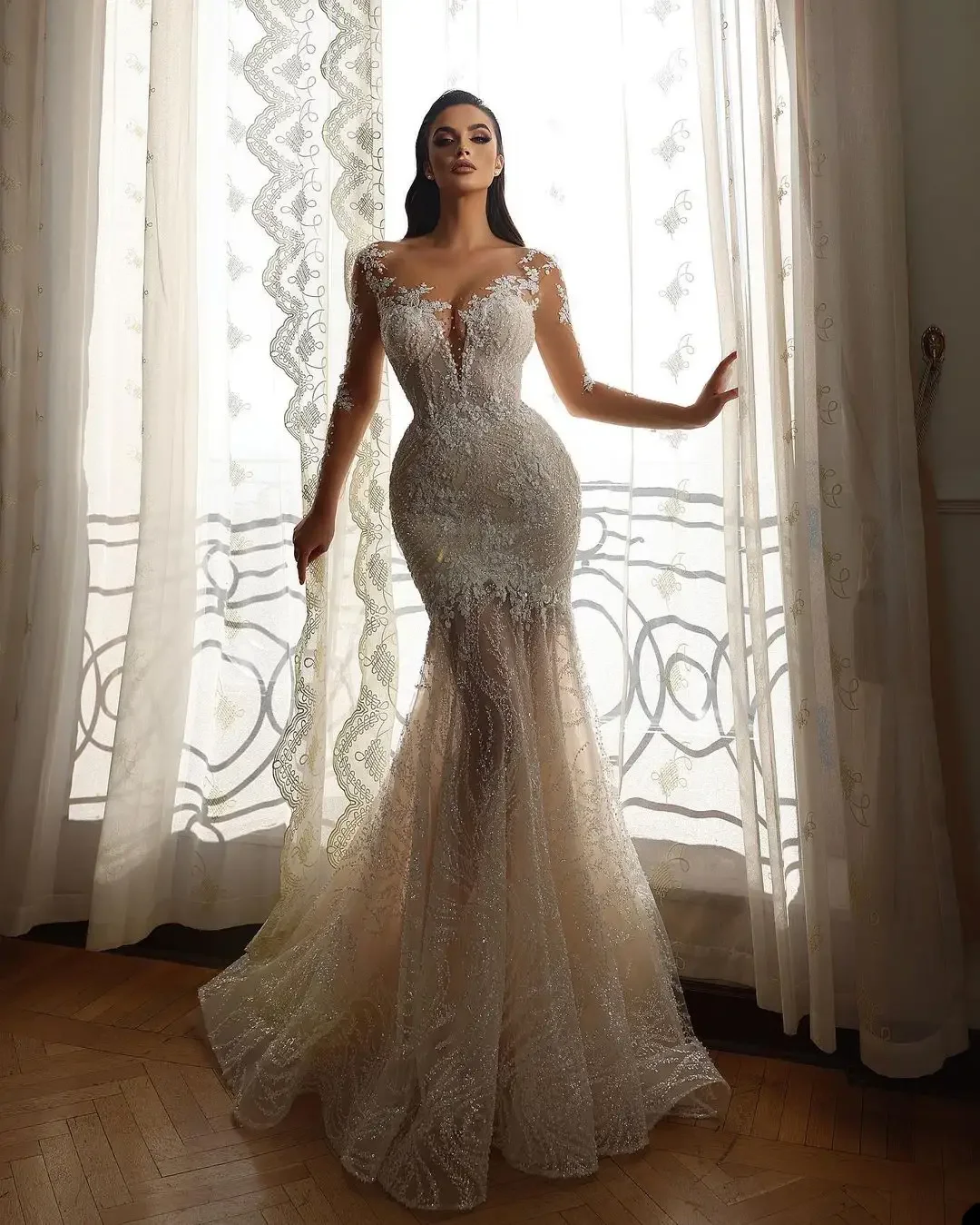 

Elegant Wedding Dress Mermaid V-Neck Appliques Sequined Long Sleeve Floor-Length Bridal Gowns Vestido De Noiva Custom Made