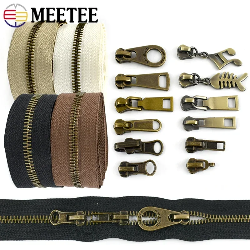 

1/2/3/5M Meetee 5# Roll Metal Zippers with Pullers Bag Shoes Jacket Decor Closure Zip By Meters DIY Repair Sewing Accessories