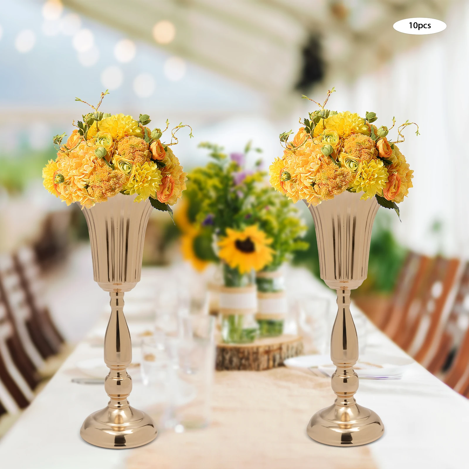 10個のゴールド花瓶センターピーステーブルデコレーション - メタル卓上フラワースタンド、レセプション用の結婚式の装飾