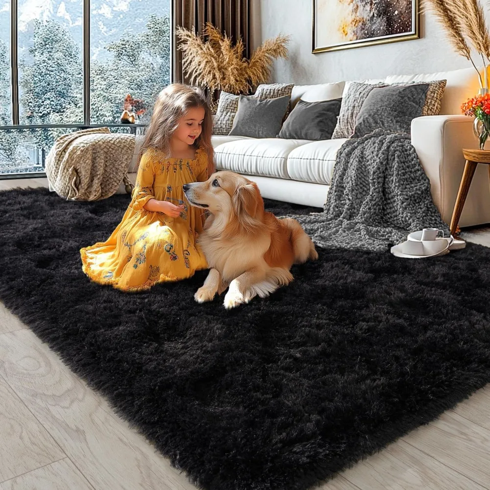 سجاد منطقة KING DARE مقاس 8 × 10 لغرفة المعيشة، سجادة سوداء كبيرة من القطيفة الناعمة والرقيقة والأنشطة، مضادة للانزلاق وقابلة للغسل وحديثة كبيرة الحجم