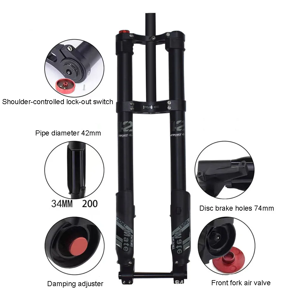 Garfo invertido para downhill mtb, 200mm, viagem, 34mm, suspensão a ar, trava superior, amortecedor de tartaruga/coelho, através do eixo, liga mg 28.6mm