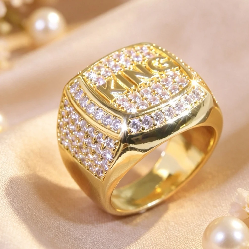 2PCS Hip Hop Style Men Signet Ring KING Letter Design Full Inlaid Synthetic Zircon Gold Silver Tone Wide Finger Ring Rap Stage Party Costume Jewelry For Men