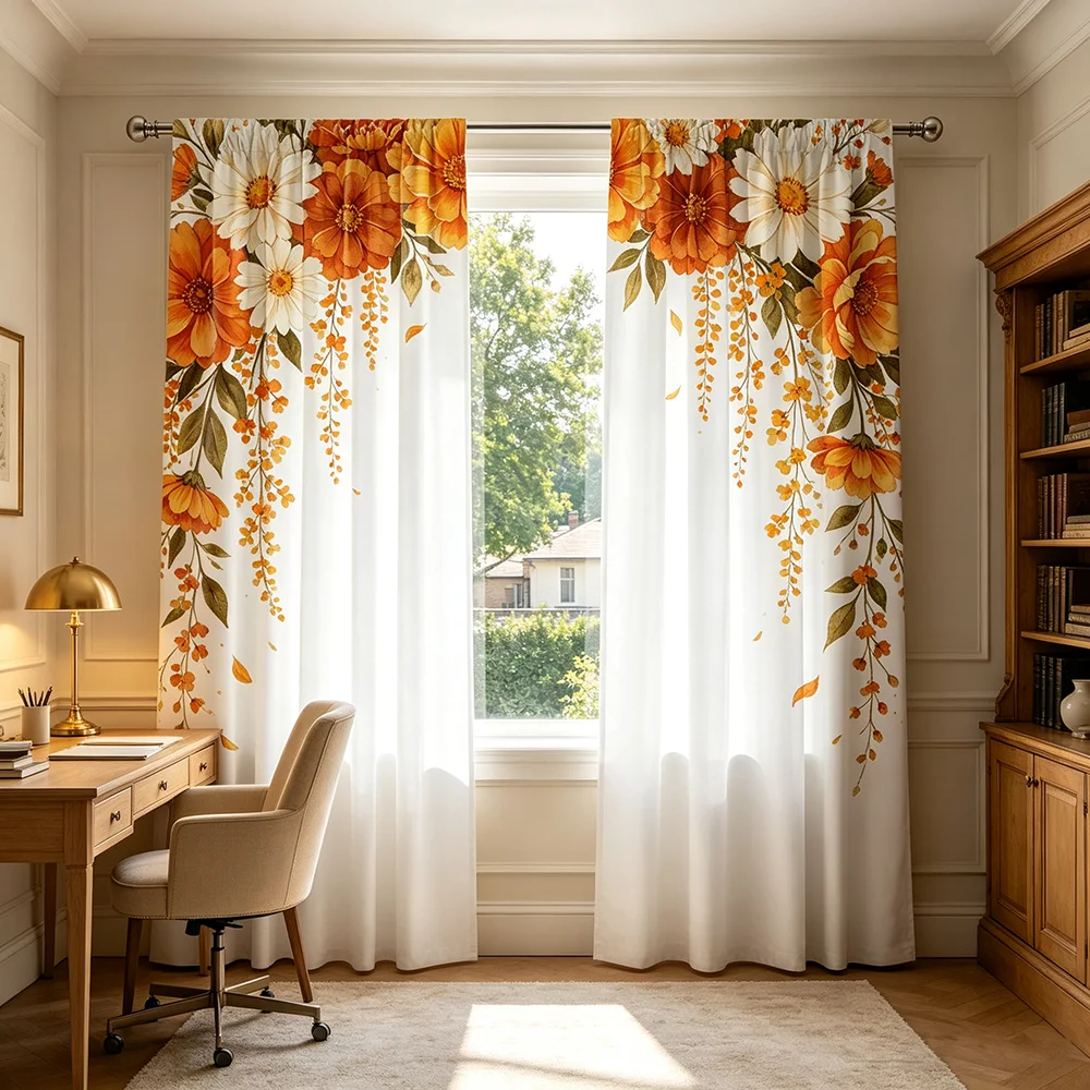 2PCS Orange Chrysanthemum Curtains, Autumn Flower Print, Fall Seasonal Window Drapes for Living Room Bedroom Decor