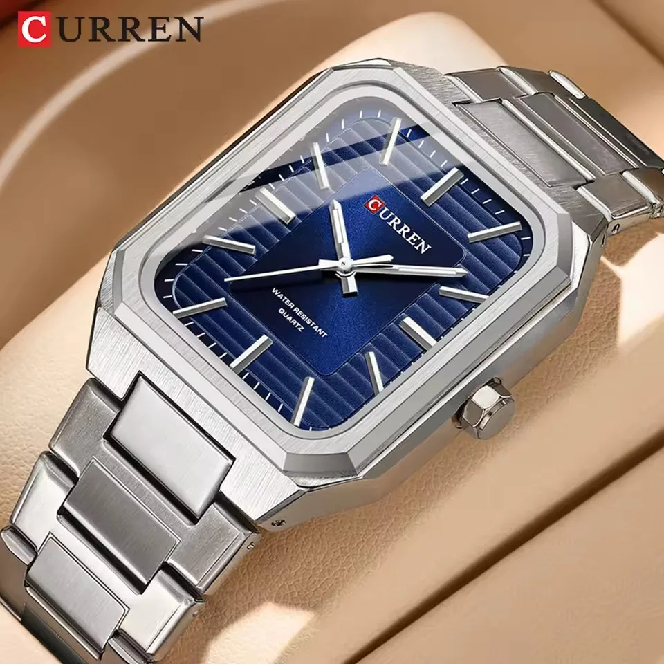 CURREN 8457 Men's Watch Fashion Business Silvery Gold Black Steel Strip Square Quartz Wristwatch for Male Clock Gift
