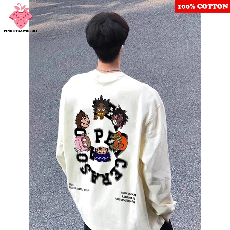 

American Hip-hop T-shirt Men's Autumn Winter 2025 New 100% Cotton Cartoon Print Long sleeved T-shirt Loose Y2k Top men clothing