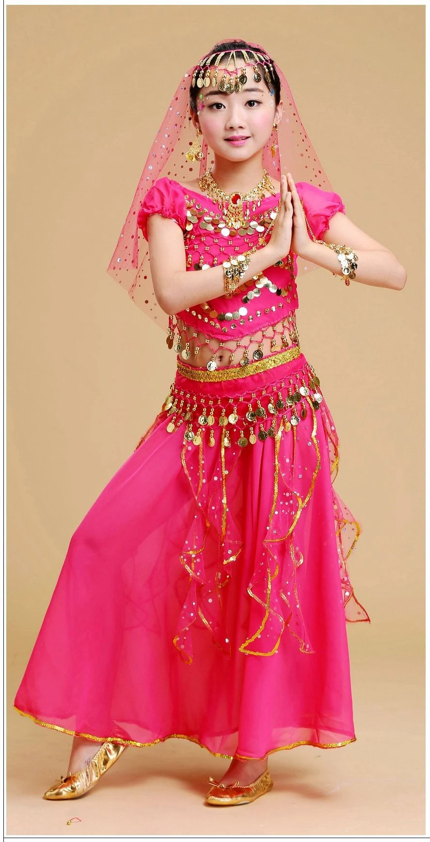 Girls' Indian Belly Folk Dance Costume Set - Sequins Embroidered Spinning Skirt for Performances
