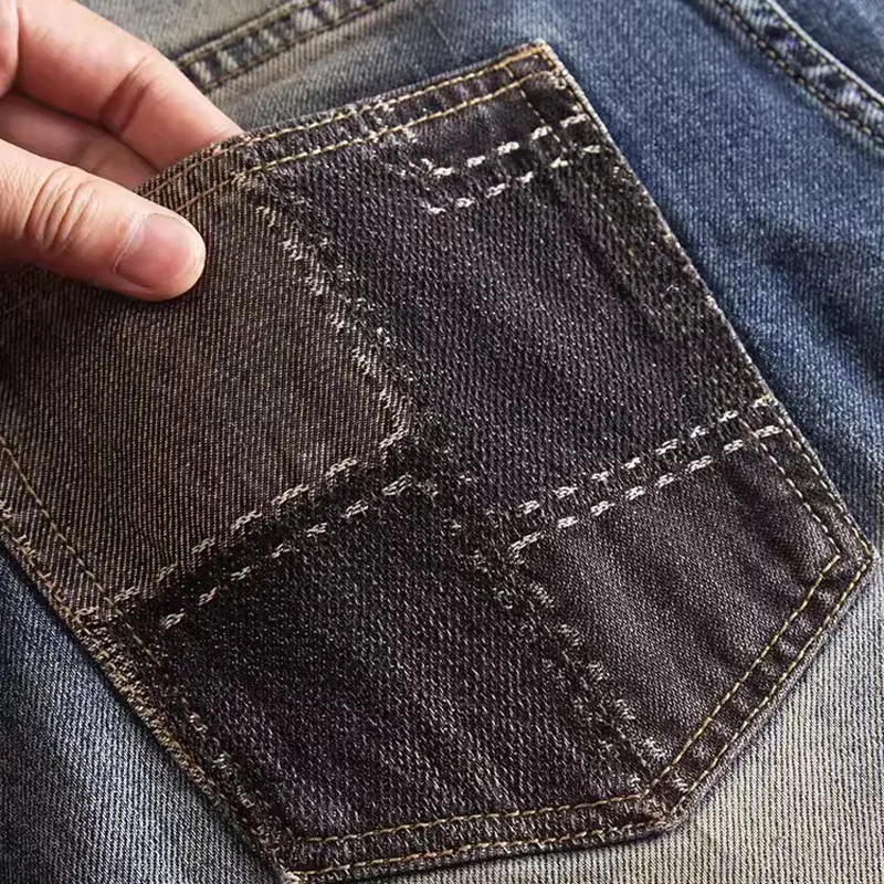 Street Fashion Men Jeans Retro Washed Blue Stretch Slim Fit Ripped Jeans Men Patched Designer Hip Hop Vintage Denim Pants Hombre