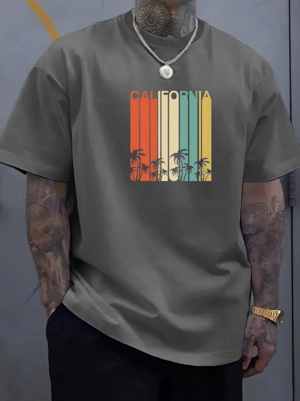 American men's summer California letter striped patchwork print soft and breathable round neck T-shirt outdoor casual top