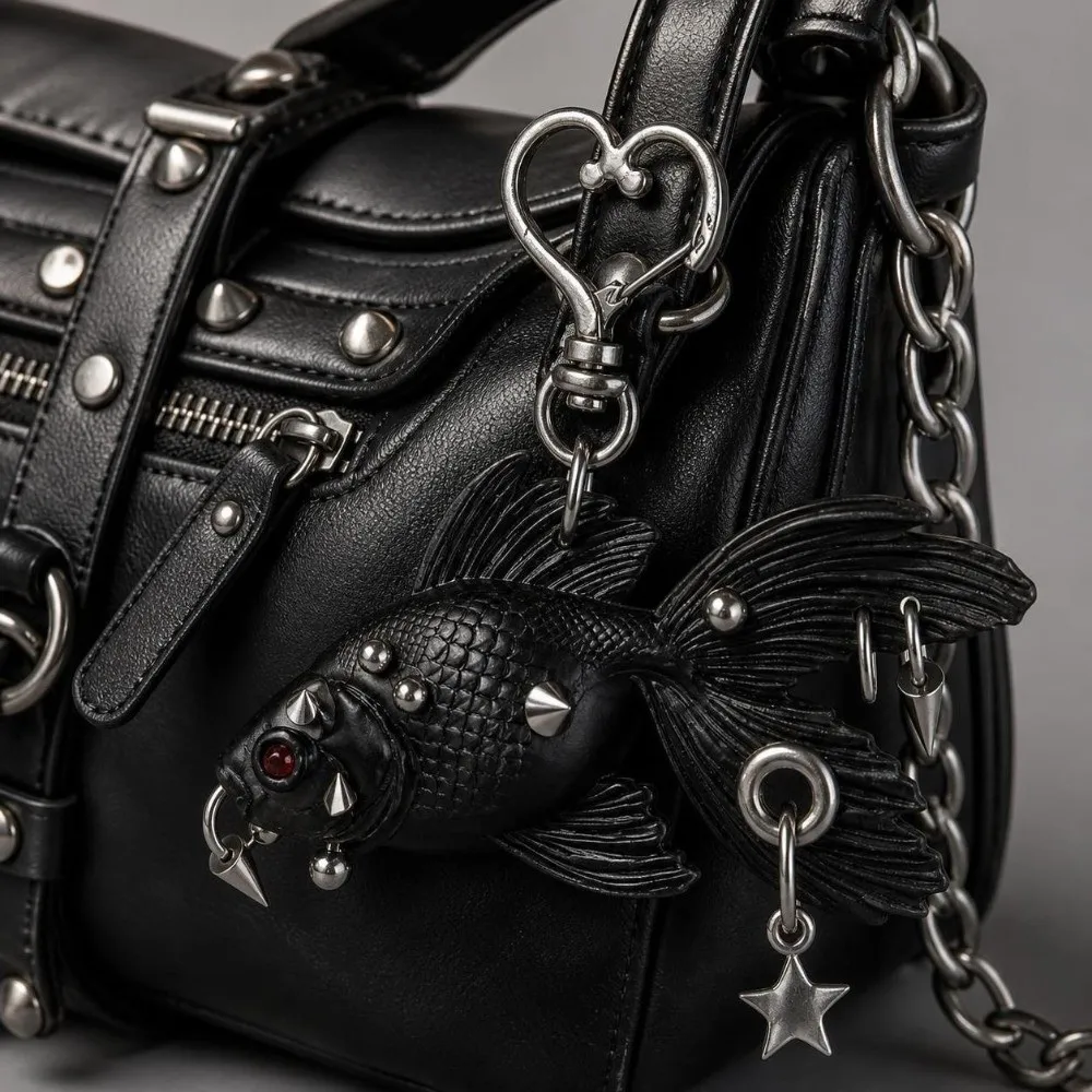 Unique 3D Printed Goldfish Keychain Dark Rock Gothic Pendant Keychain Rivet Tassel Detail Punk Pendant Keychain Bag Decoration