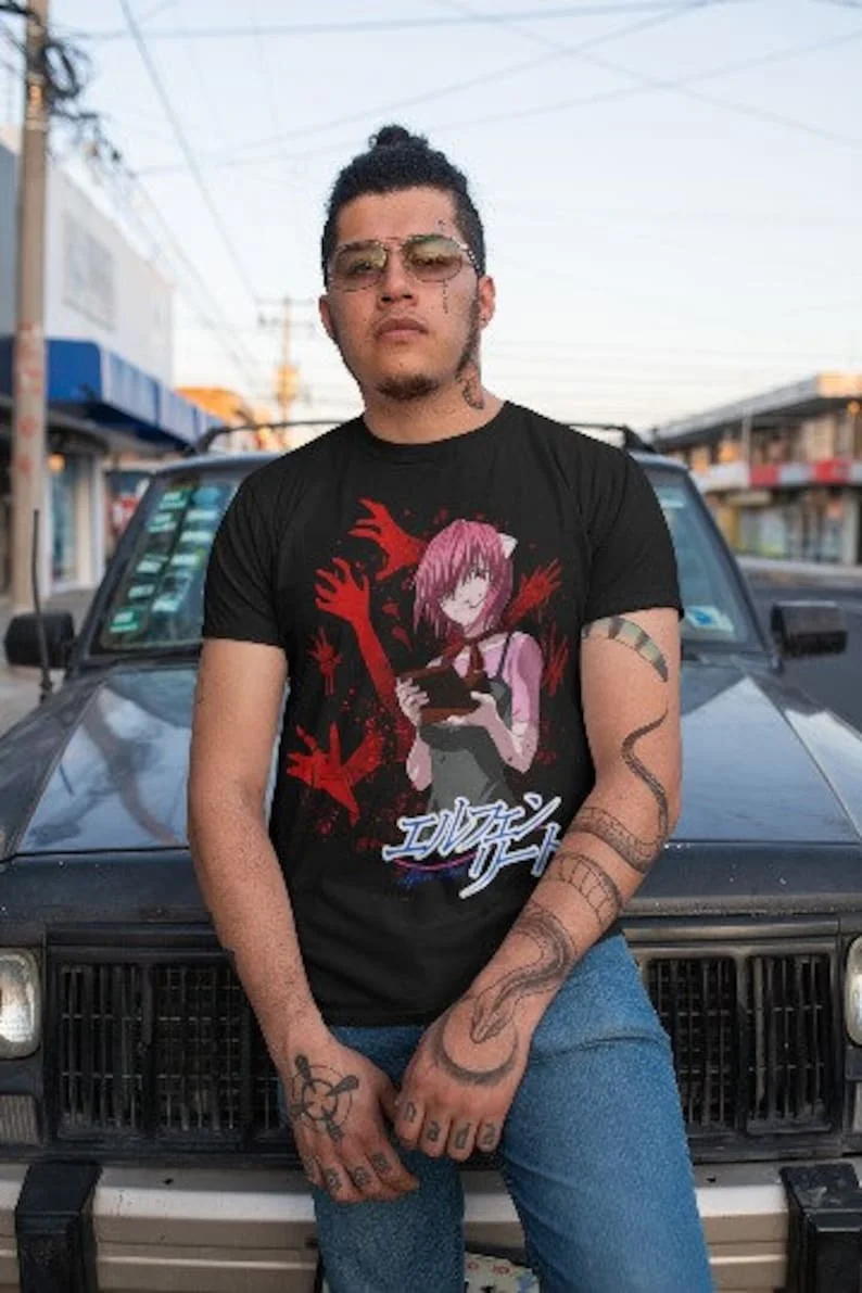 T-shirt preta com Elfen Lied, Lucy Nyu Kaede, Manga Anime Girl, T Gráfico