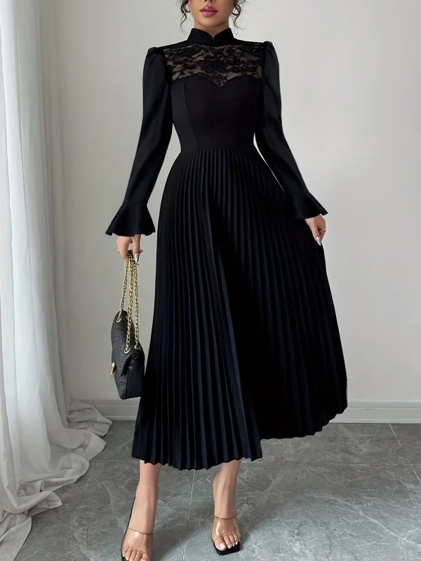 Krismile – robe à col Qipao pour femmes, nouvelle élégance chinoise, panneau en dentelle, jupe plissée, cintrée à la taille, pour le dîner, les événements de mariage