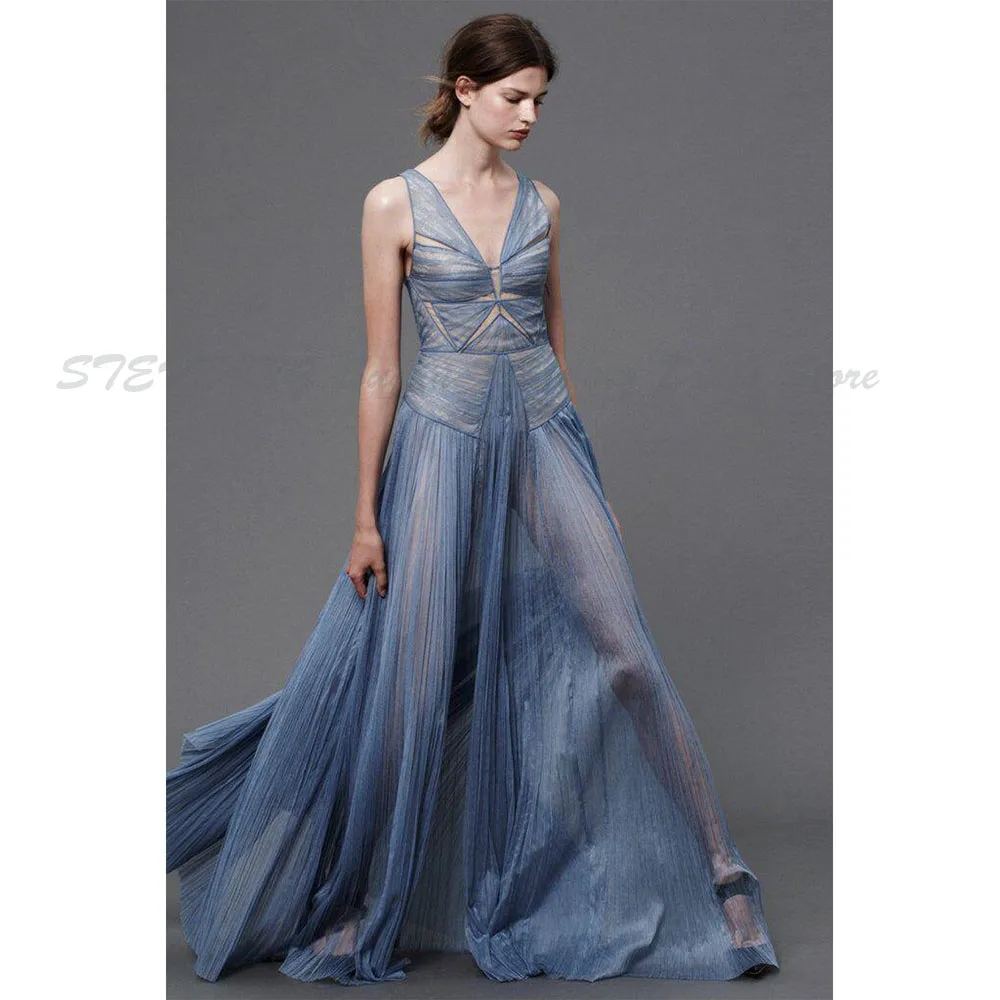 Navy V Neck Evening Prom Party Dresses Women Floor Length Sweep Train Sleeveless Banquet Celebrity Special Custome A Line Gowns