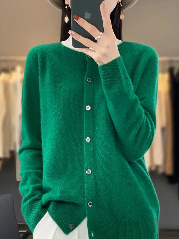 

Fashion Women 100% Merino Wool Cardigans Cashmere Sweater Autumn Winter O-neck Long Sleeve Knitwear Female Basic Clothing Tops