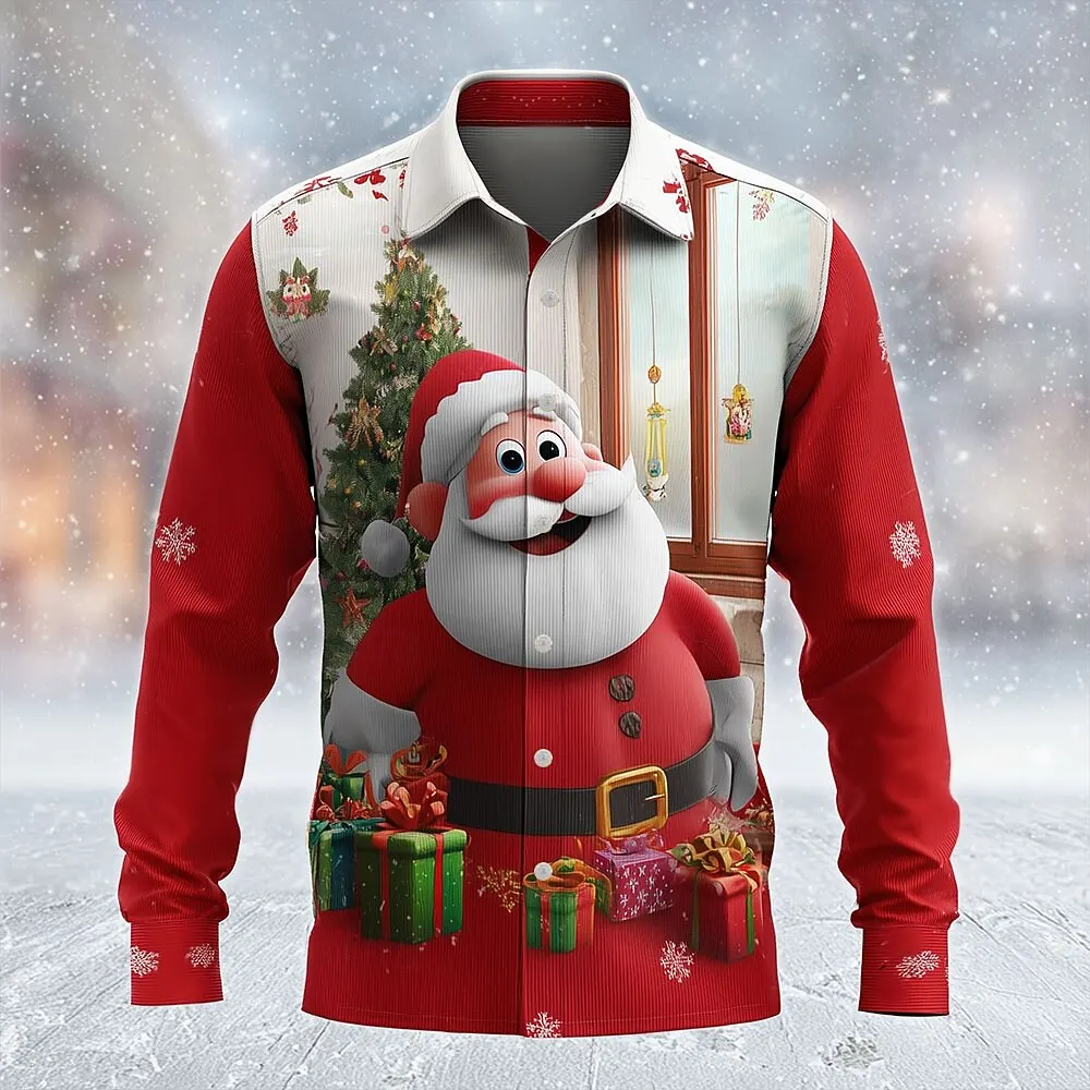 

3D Print Christmas Elements Long Sleeve Shirts Funny Santa Clause Graphic Button Lapel Shirt Fashion Creative Casual Man Clothes