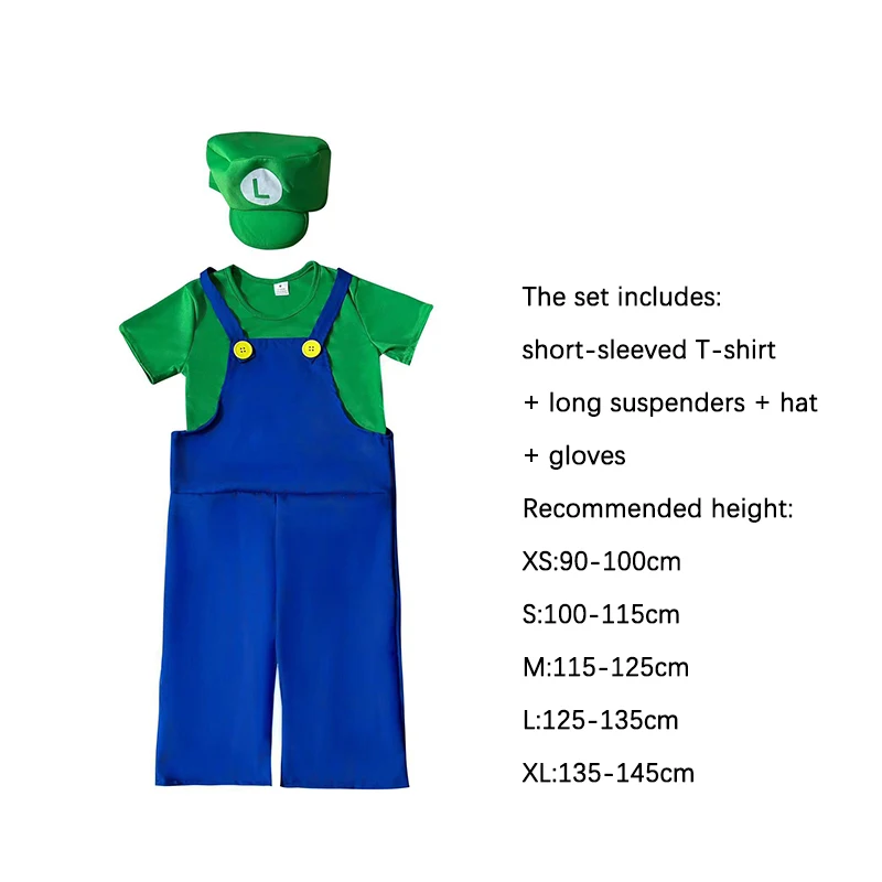 Spiel Super Bruder Marios Luigi Bros Cosplay Kostüme Kurzarm T-Shirt Overalls Anzug Mann Kinder Karneval Halloween Kostüme