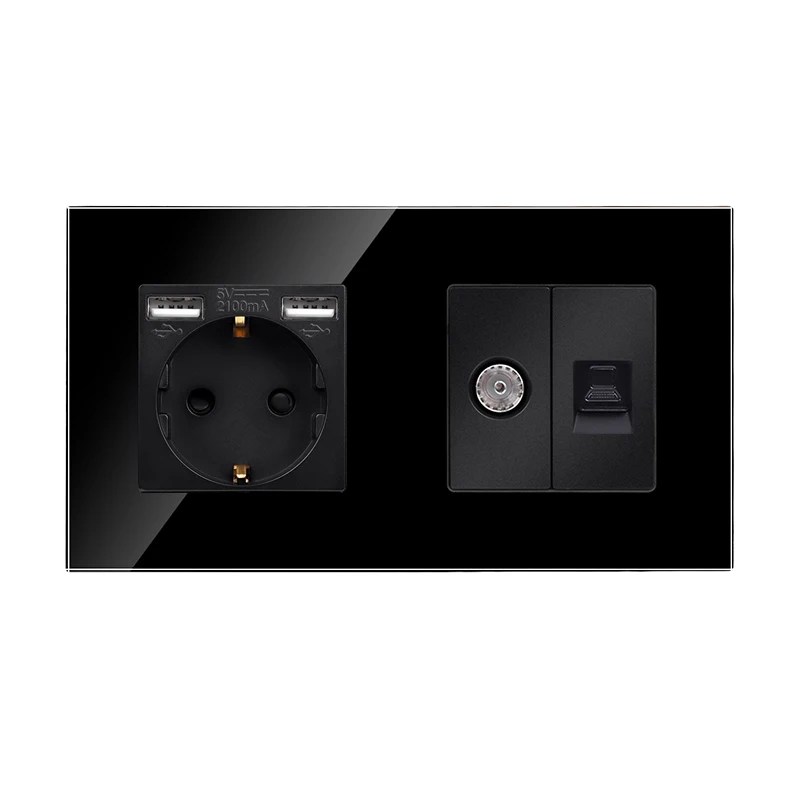 DAJIMEI EU Russia Standard Double Triple Wall Plug TV Computer Internet RJ45 and Dual USB Socket Crystal Glass Panel for Home