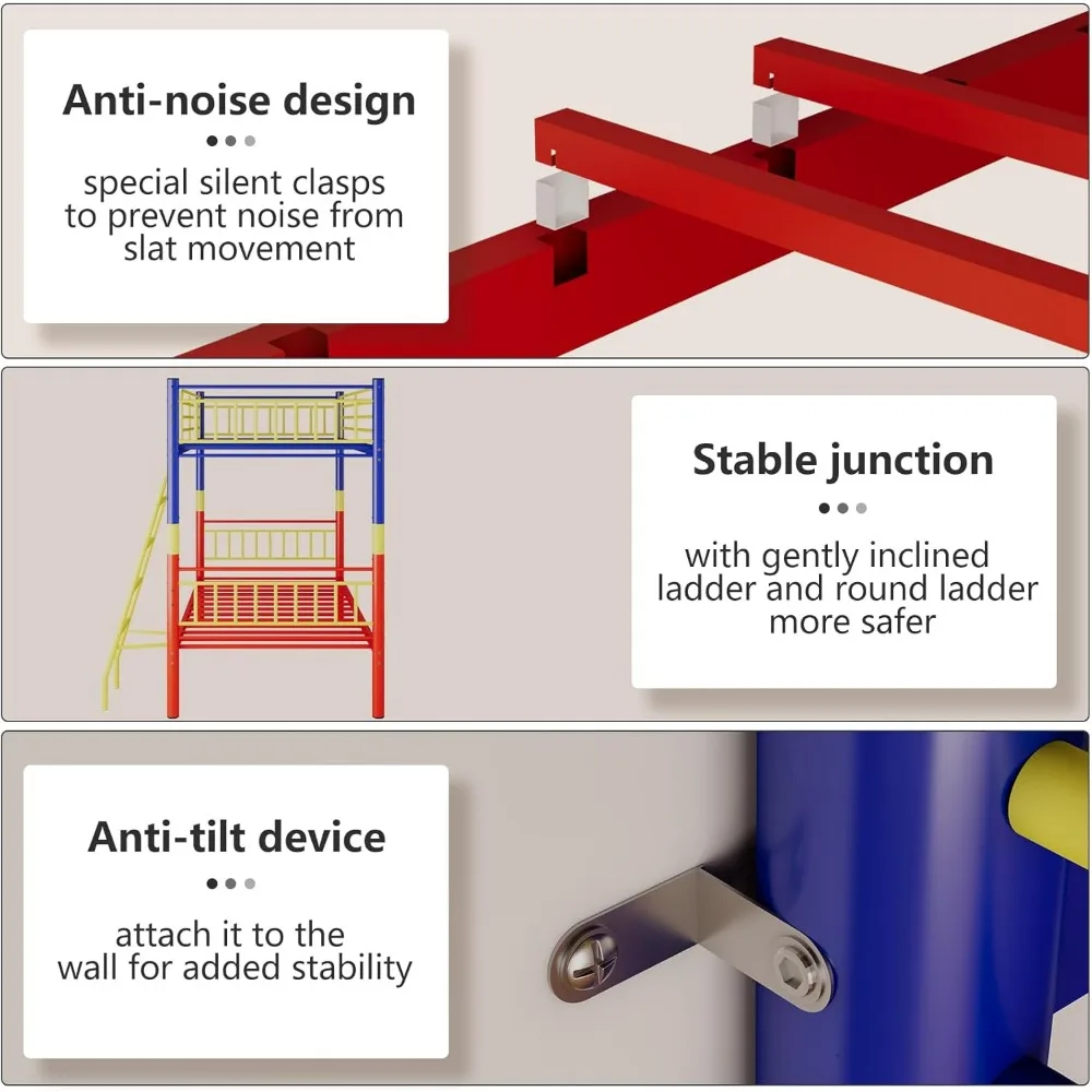 سرير مزدوج معدني بطابقين للبالغين والأطفال مع حاجز أمان وسلم، تصميم موفر للمساحة للاستخدام الفعال #4