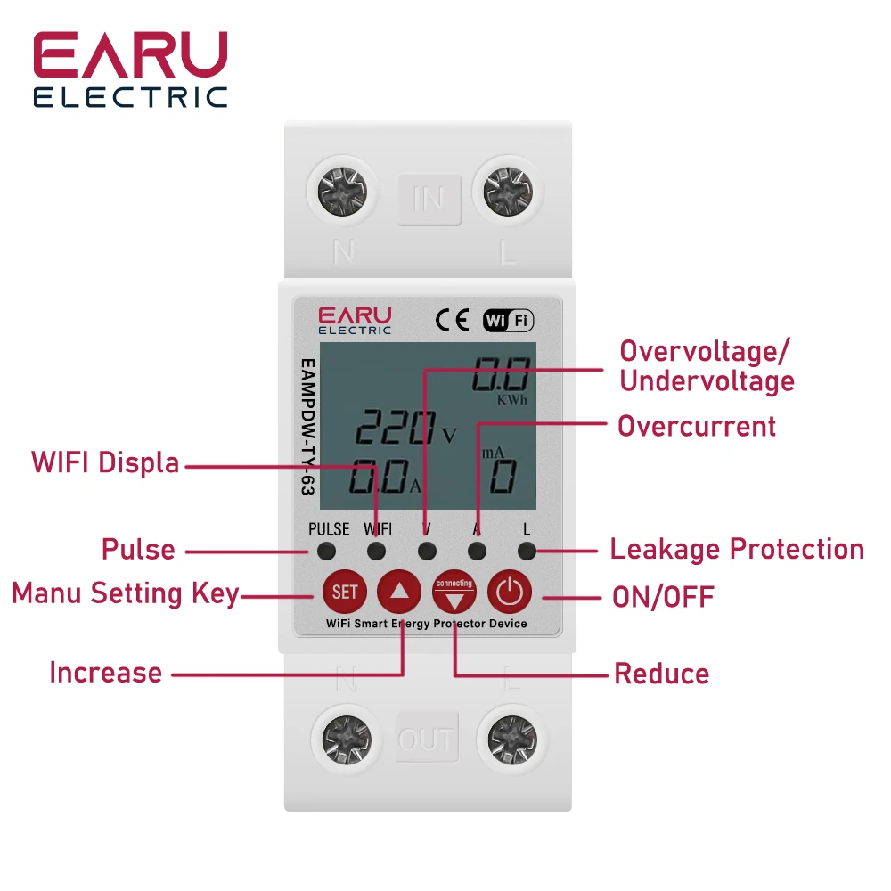 Imagem -04 - Terra Vazamento sobre sob Tensão Protector Dispositivo de Relé Switch Breaker Energia Power Kwh Medidor Circuito Inteligente Wi-fi 2p 63a Tuya App