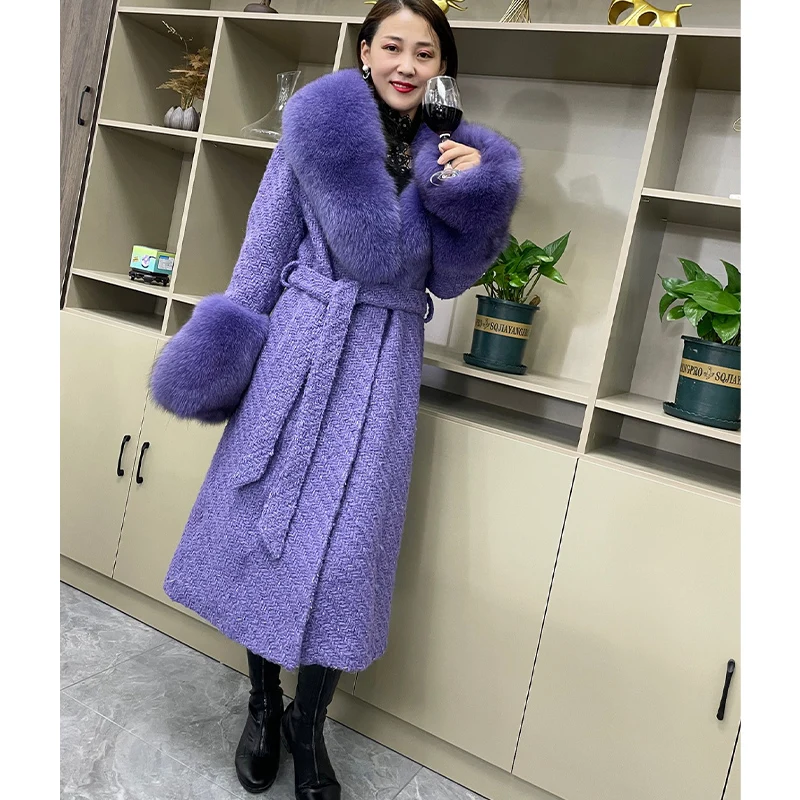 

2023 New Winter Women Wool Blends Long Coat Real Fox Fur Collar Cuffs Thick Warm Jacket Tweed New Luxury Outwear Female Coat