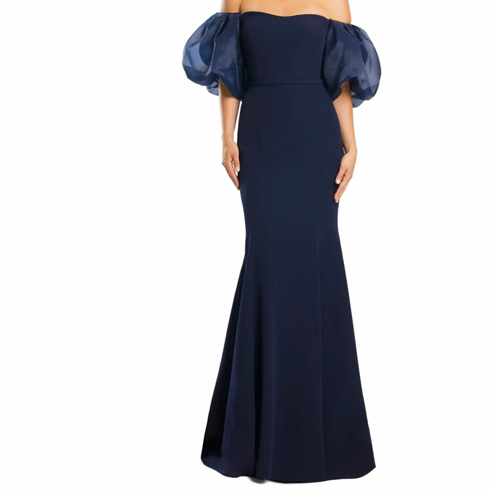 

Elegant Party Evening Off the Shoulder Mermaid Sweep Train Floor Length Pleats puff Sleeve Solid Color Zipper Back Buttons