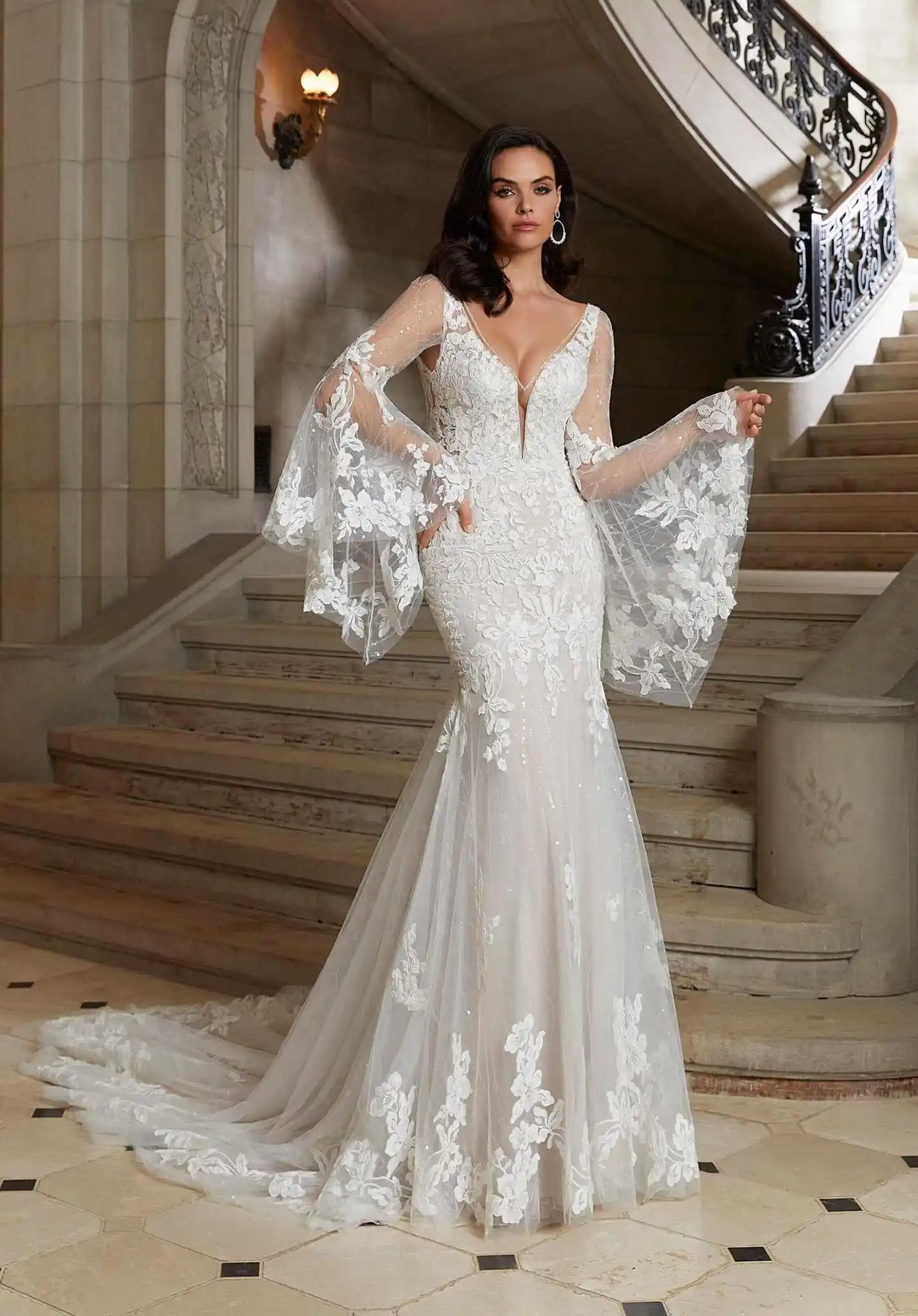 Elegant Mermaid Wedding Dress Sequins V Neck Long Sleeve Bride Gown Slim Fit Floor Length Bridal Dresses Customized