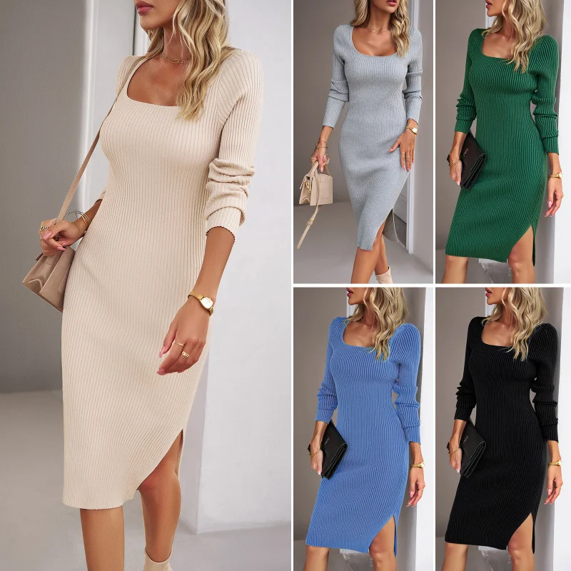 

Square Collar Woolen Dress With Autumn And Winter Hip Hugging Long Skirt, Elegant Temperament