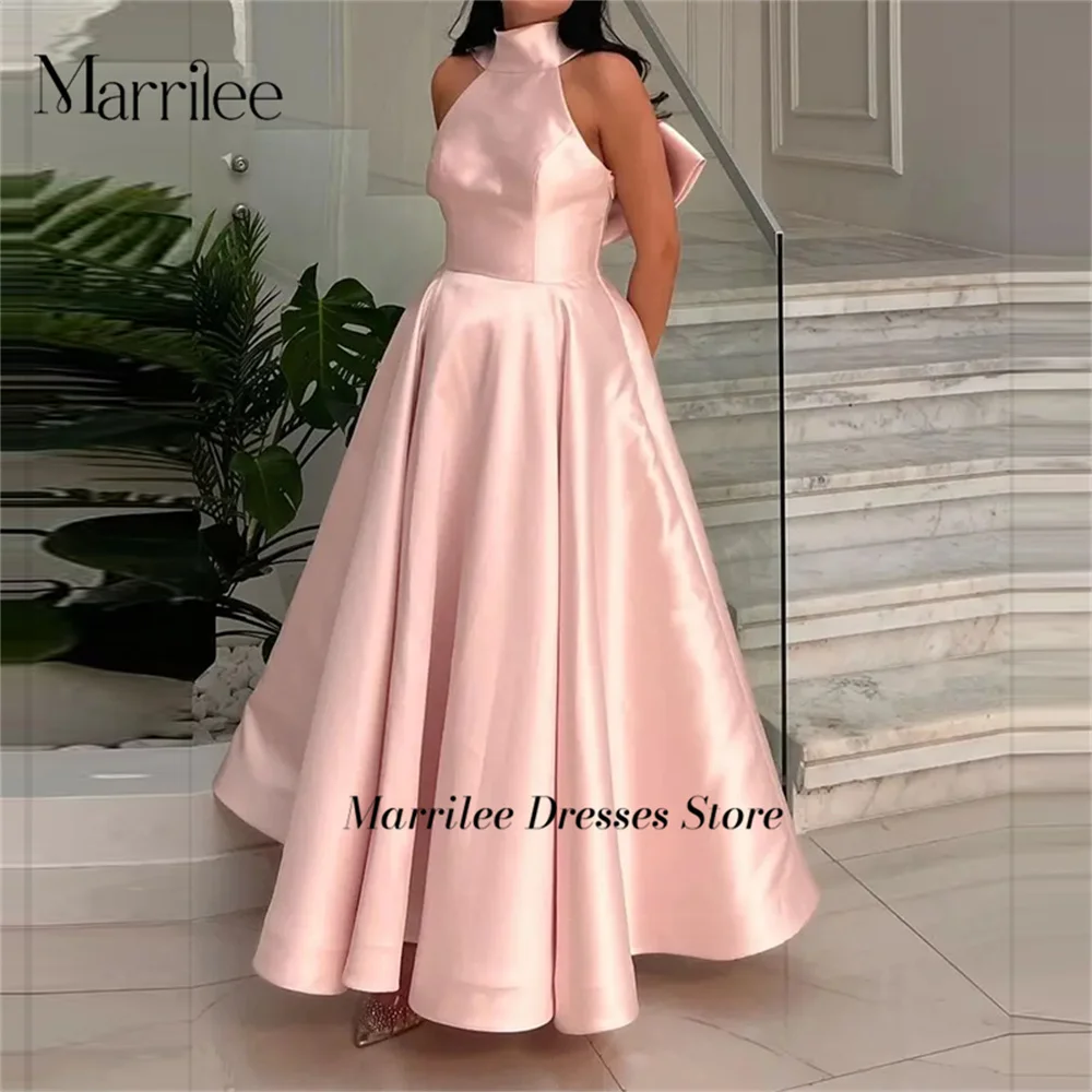 Marrilee Princess Pink High Neck Big Bow Stain Evening Dress Elegant A-Line Sleeveless Floor Length Pleated Prom Gowns Robe 2024