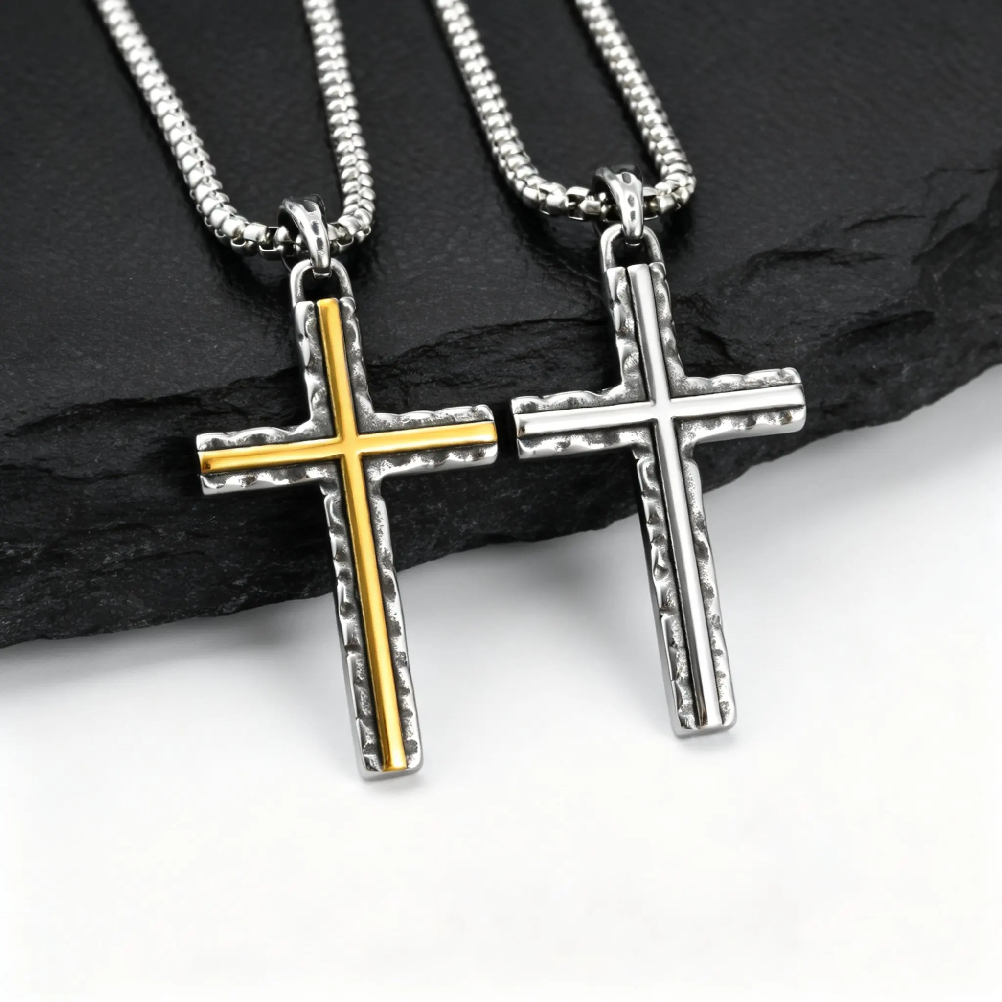 Hammer Pattern Cross Necklace for Men,Retro Grey Stainless Steel Cross Pendant Necklace, Stylish Jewelry Gift for Him Dad