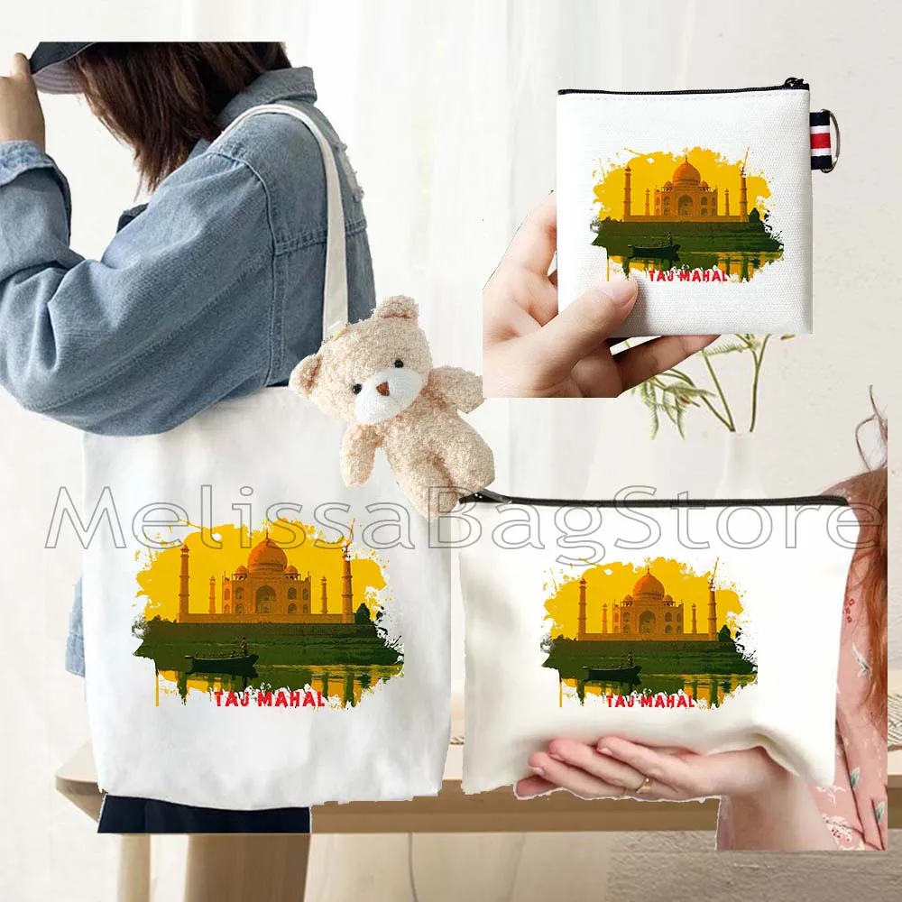 4PCS Gifts Set Taj Mahal India White Canvas Tote Bag Handbag with Doll Key Coin Purse Cosmetic Makeup Toilet Bag Case Pouch