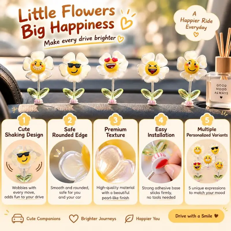 5 Funny Smiley Flowers Car Dashboard Decoration Set Spring Shock Ornaments Car Interior Gift for All