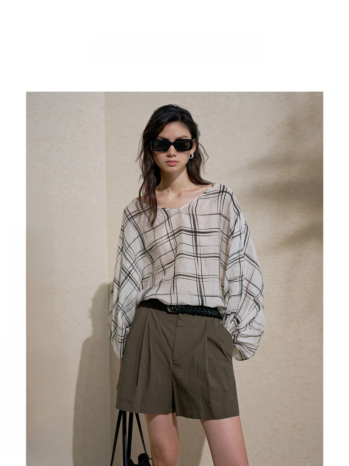 Camisa de Lino ZhiZhi con Mangas Murciélago, Estampado Festivo, Cuadros Vichy, Corte Holgado Informal, Estilo Veraniego para Mujer, Nueva Colección, Reversible