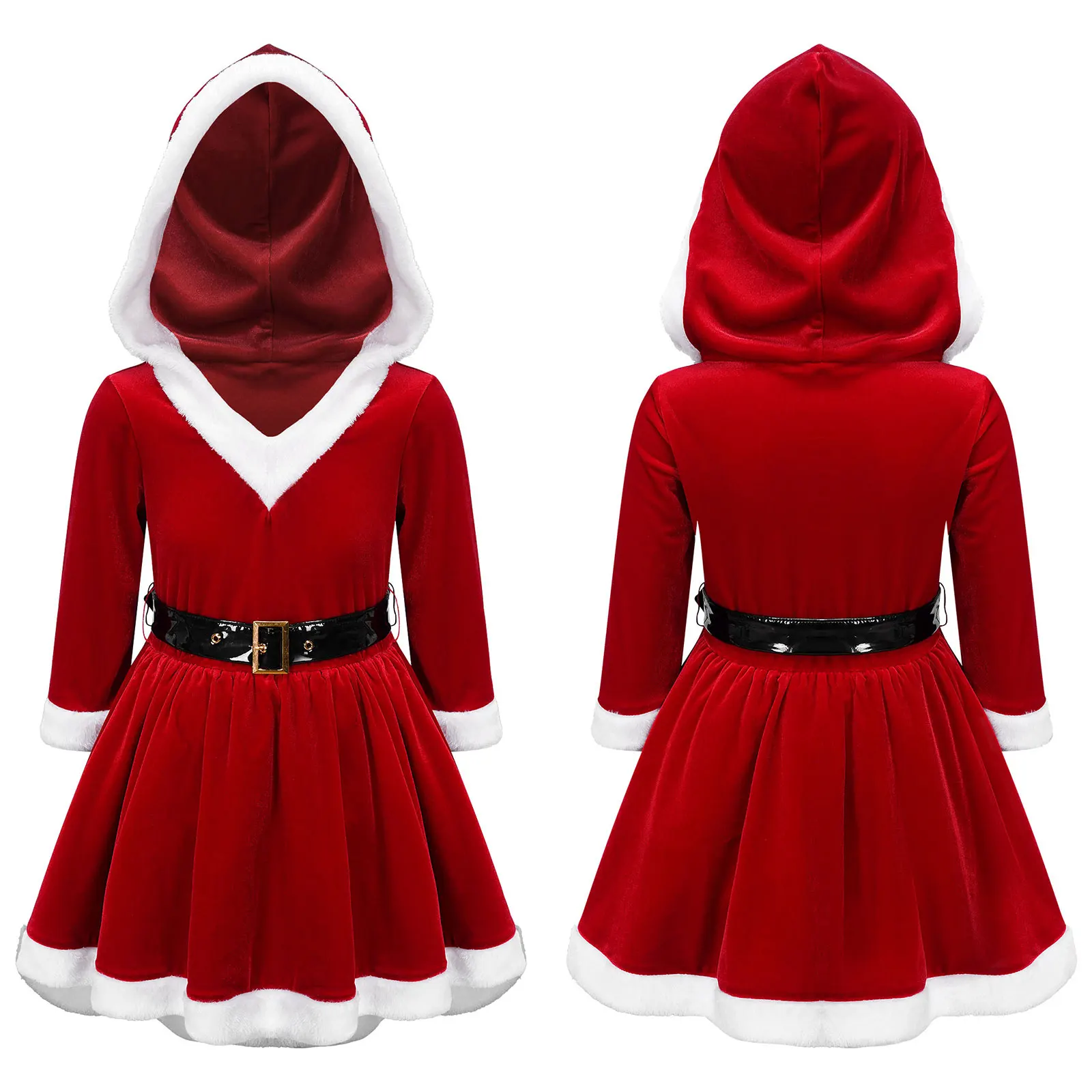 

Kids Girls Christmas Dress Red Velvet Long Sleeve Hooded Dress Tulle Underskirt Dress with Belt for Xmas Party Santa Gifts Cloth