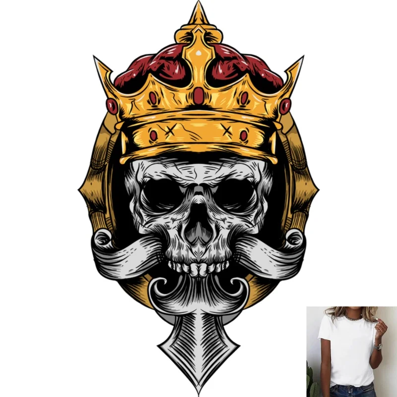 Trendy Dark Style Crown Skull Beard Heat - Transfer White Ink Iron - on Patch, Suitable for T - shirts/Canvas Bags, for Street