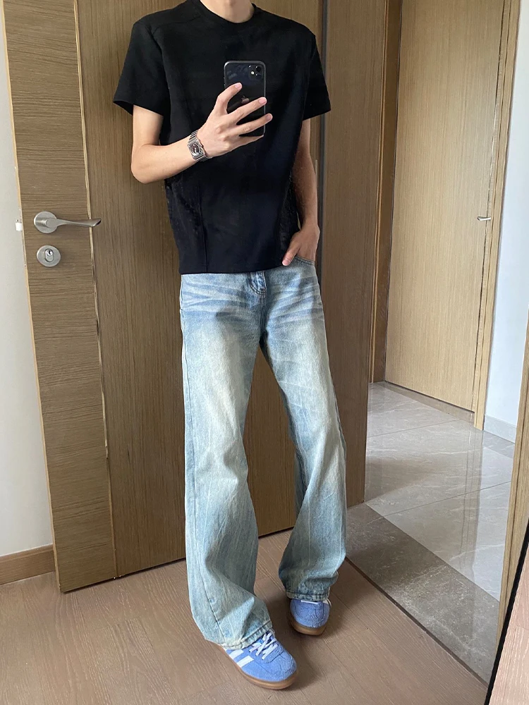 

Cool American Sle Lightning Pattern Jeans Men's Summer Faionable ort Sve Bell Bot Straight Leg Denim Pants