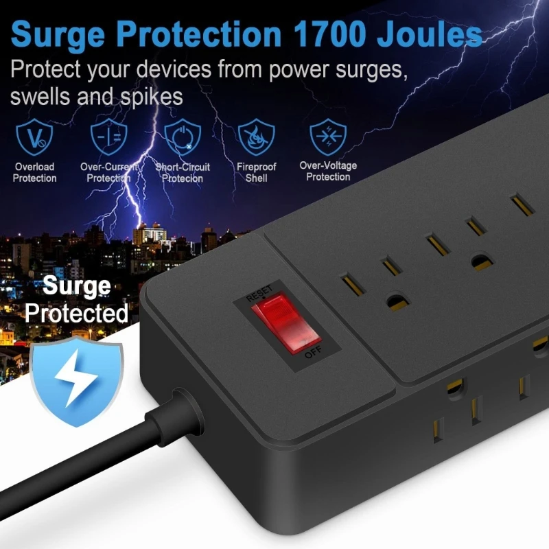 Protetores surtos energia, tiras energia montáveis ​​na parede, 9 tomadas espaço amplo, porta carregamento C,