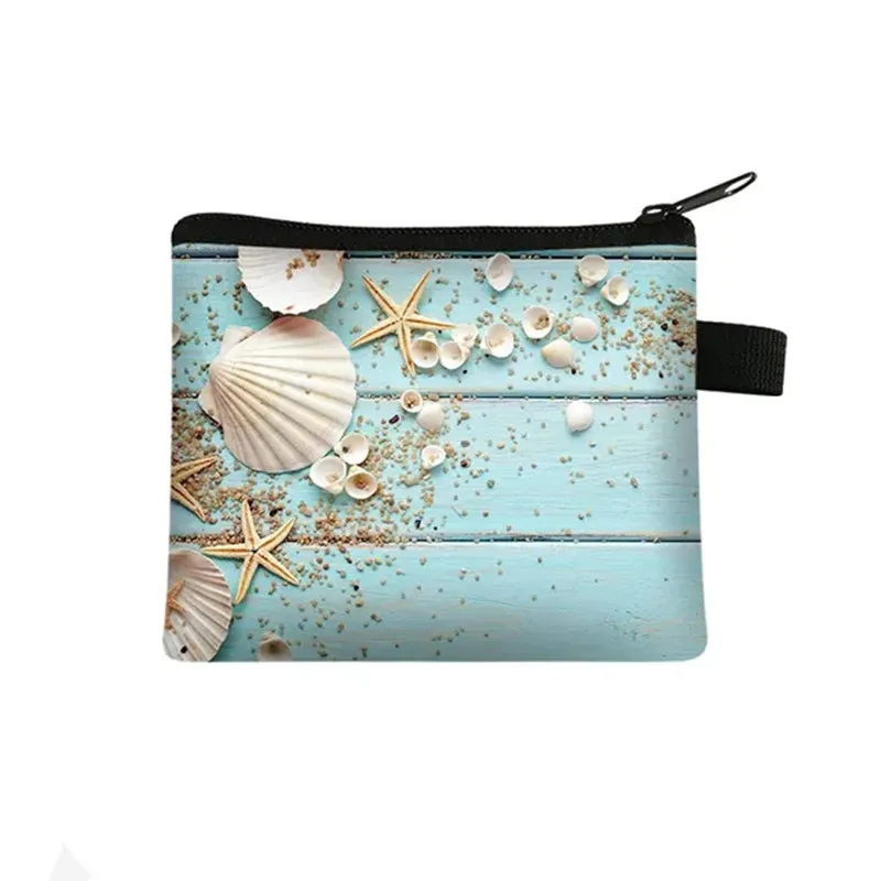 Ocean Beach Coin Purse Ladies Leisure Shopping Coin Bag Starfish Conch 3D Printing Wallet ID Credit Card Bag Girl Coin Case Bag