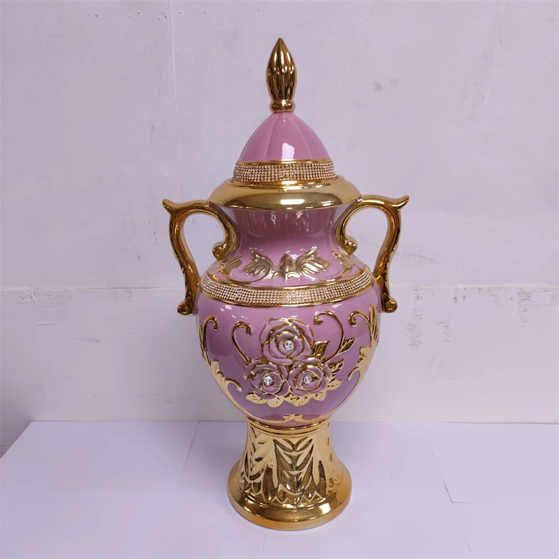 Luxury Pink Double Handle Ceramic Jar Gold Floral Rhinestone Cover Elegant Home Decor Storage Container Floor