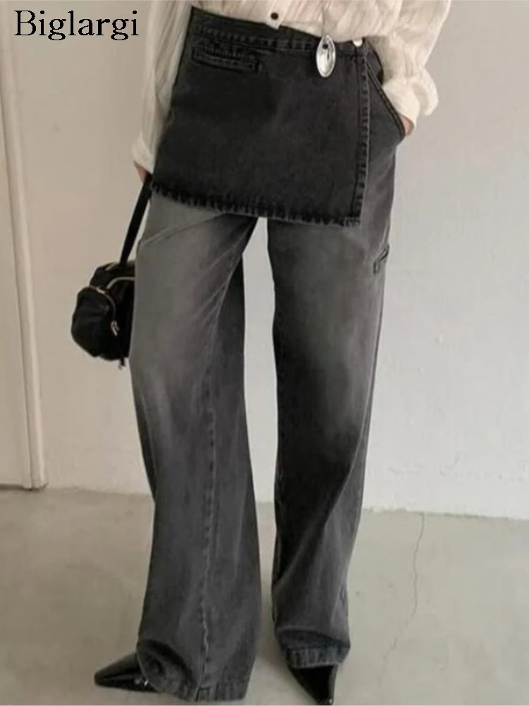 

Jeans Summer Retro Pant Women High Waist Irregular Patchwork Fashion Ladies Trousers Korean Style Loose Woman Straight Pants