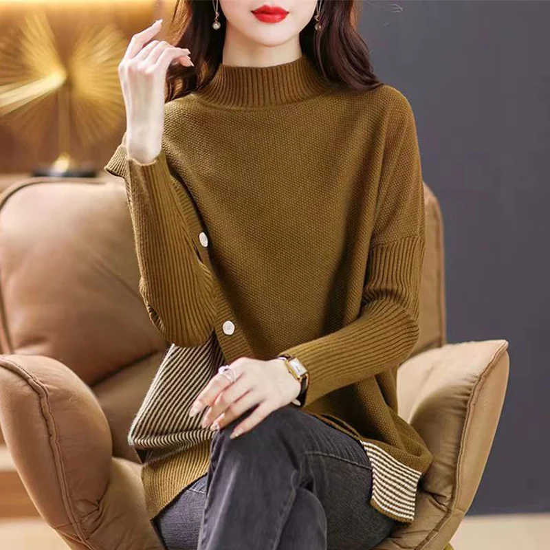 Fashion Spliced Button Striped Asymmetrical Sweaters Women\'s Clothing 2023 Autumn Winter Loose Casual Pullovers Irregular Tops