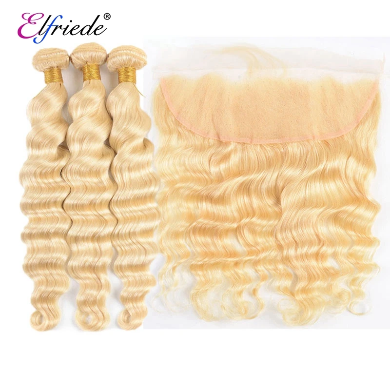 Elfriade-extensiones de cabello humano 613 Rubio, mechones de ondas profundas sueltas con Frontal, Remy brasileño, 3 mechones con encaje Frontal 13x4, # 100%