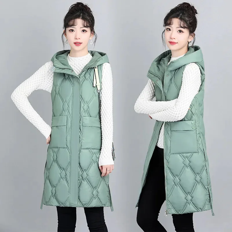 Novo outono inverno feminino para baixo colete de algodão jaqueta nova com capuz meados longo sem mangas jaqueta feminina casual topos chaleco mujer