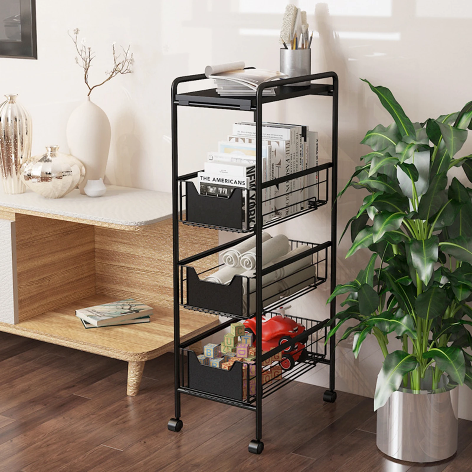 4-Tier Metal Kitchen Slim Utility Cart Trolley Storage Shelf + Slide-Out Drawers for Closets, Kitchens, Bathrooms, Garages