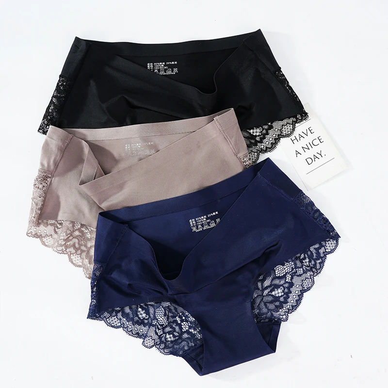 Lace Women\'s Panties French Seamless Underwear Female Ice Silk Briefs Solid Color Breathable Underpants Lingerie