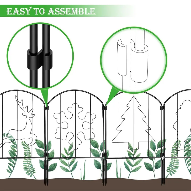 10-Panel Solar Lighted Garden Fence with Christmas Pattern & String Lights, Rustproof Metal Border Edging for Patio, Yard, and H