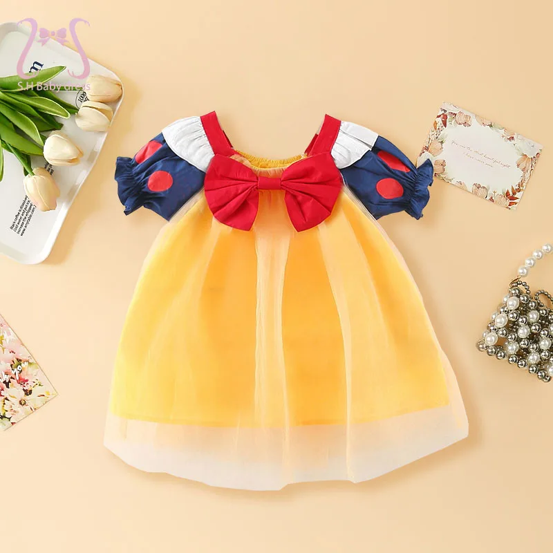 0-3 Y Toddlers Clothing Summer Baby Girls Polka Dot Puff Sleeves Sweet Bow Mesh Tulle Dress Children Thin Fairy Princess Dresses